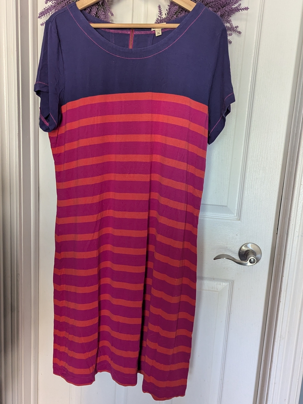 Hatley Purple Short-Sleeve Midi Dress with Pink & Orange Stripes